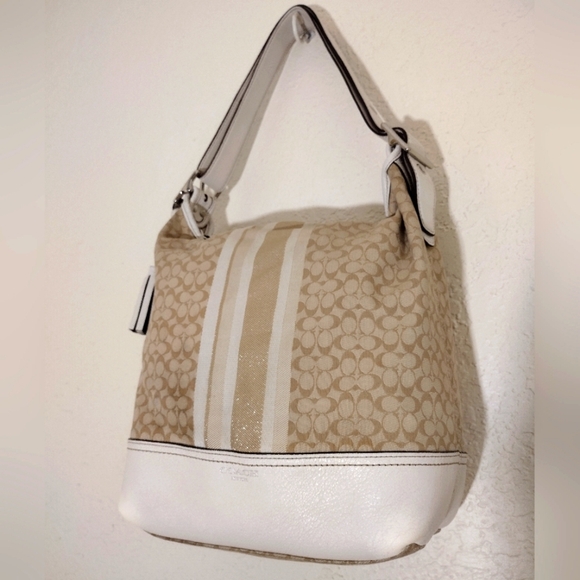 COACH LEGACY Khaki Ivory Signature Glitter Stripe Convertible Duffle Bag - Picture 3 of 11